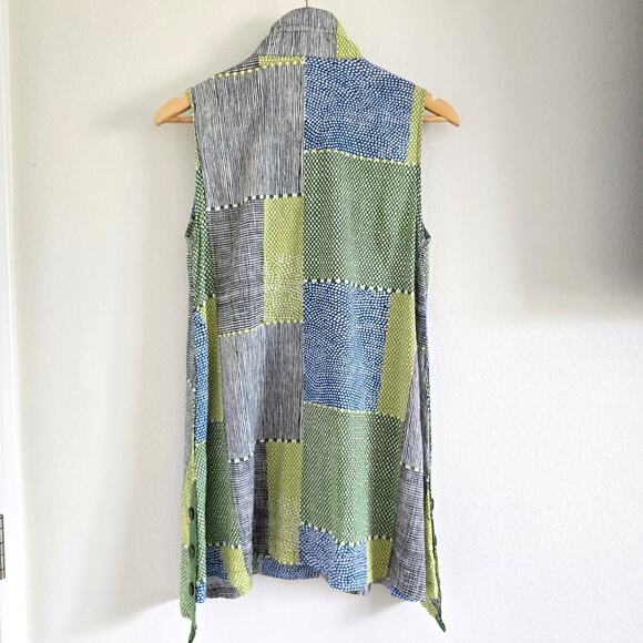Terra Patch Work Sleeveless Tunic Shirt Gillet Convertible Collar Gray Green S - Picture 3 of 5